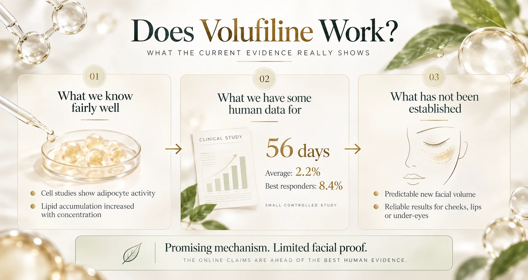 Infographic analyzing Volufiline's effectiveness, discussing known effects, human data, and areas lacking evidence.